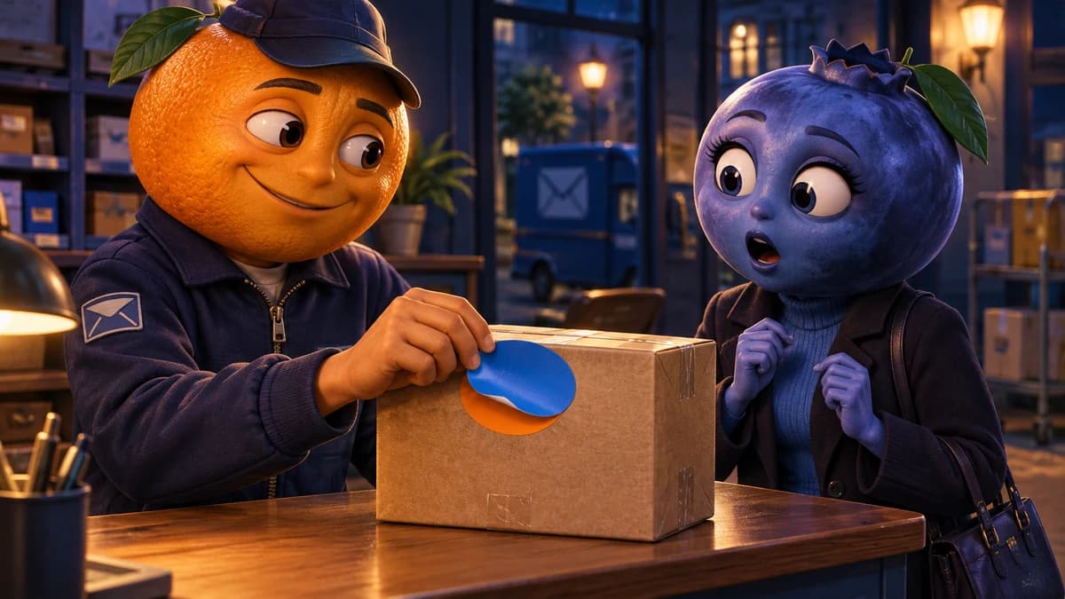 An orange-headed courier and a blueberry-headed customer with a parcel: an AI illustration of a fruit story.