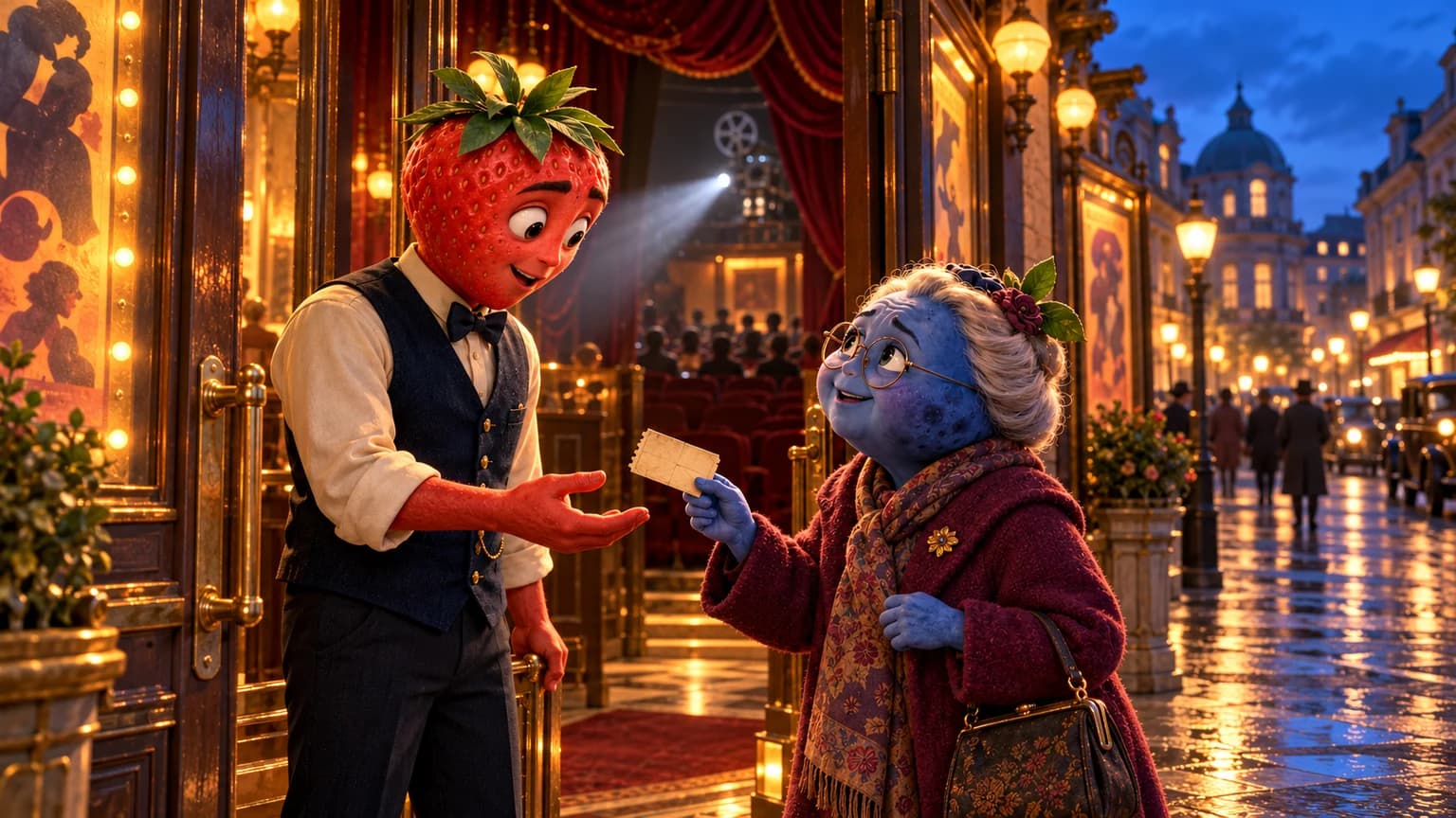 An elderly blueberry woman offers a ticket to a strawberry projectionist at a cinema.