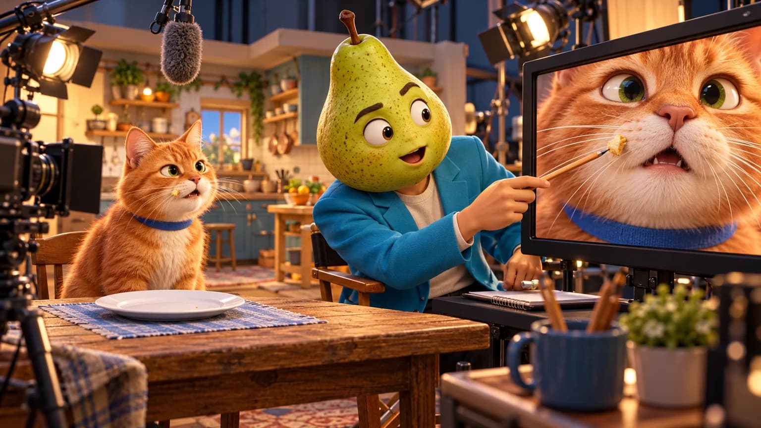 Eine orangefarbene Katze mit einem Krümel am Schnurrhaar neben einem Regisseur mit Birnenkopf und einem Nahaufnahme-Monitor am Küchenfilmset.