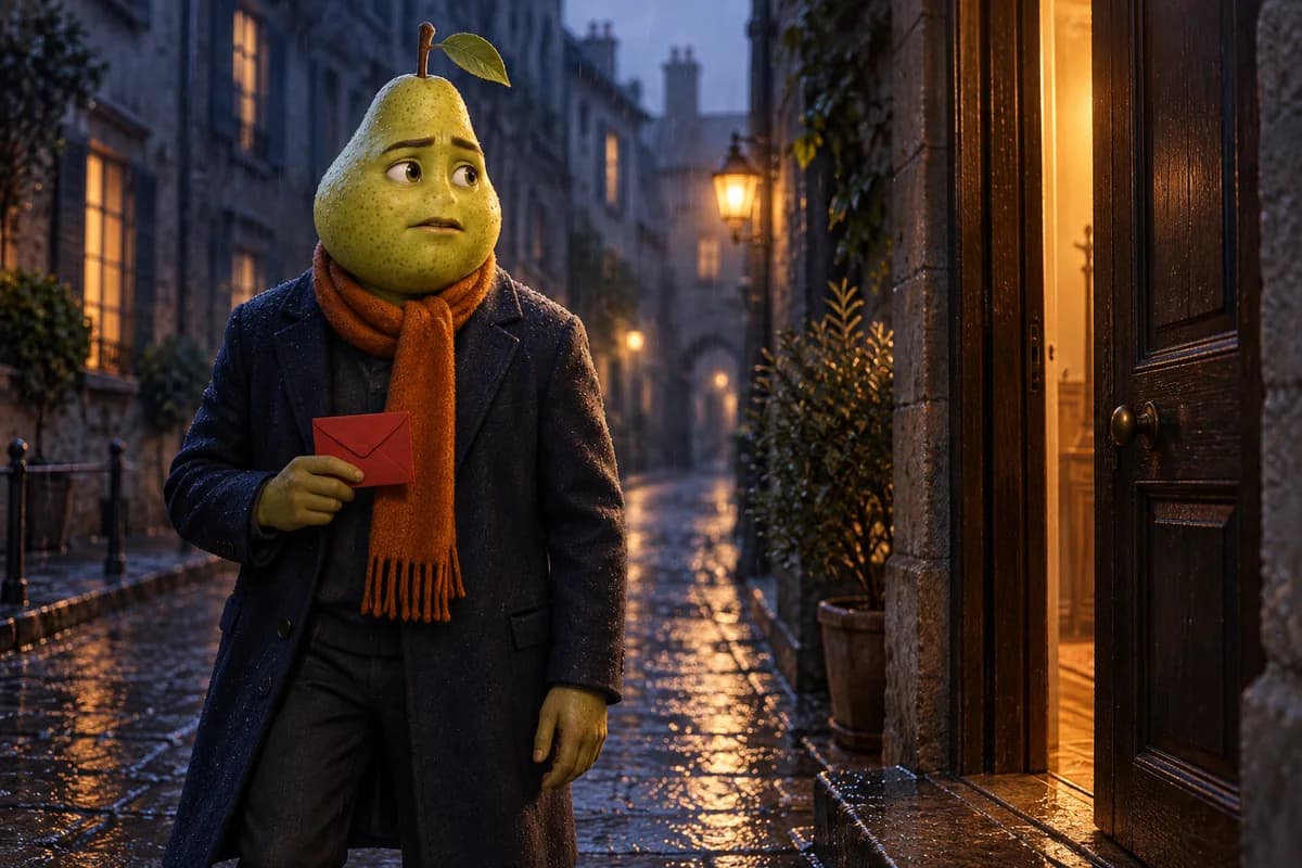 Pear-headed character in a navy coat and orange scarf, holding a red envelope beside a lit doorway in the rain.