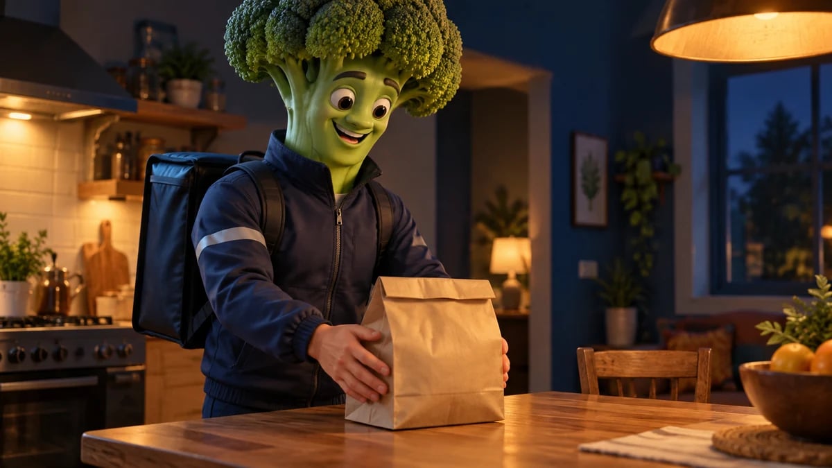 Un personnage à tête de brocoli et veste bleu nuit pose un sac en papier sur une table de cuisine.