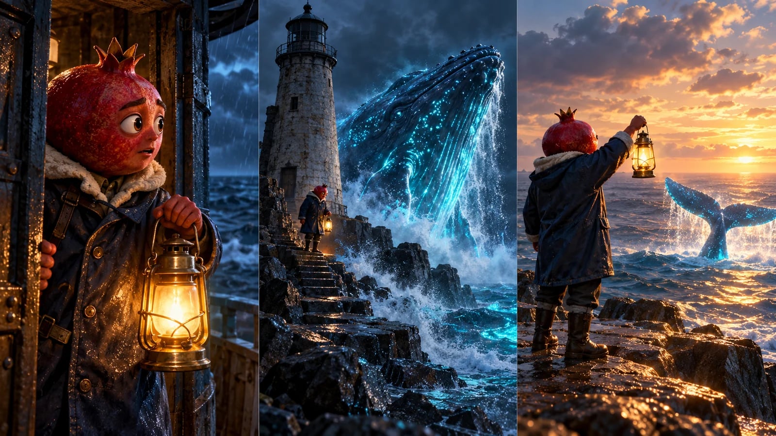 Illustrated three-scene storyboard: a pomegranate-headed lighthouse keeper discovers a luminous whale and guides it back to sea with a lantern.