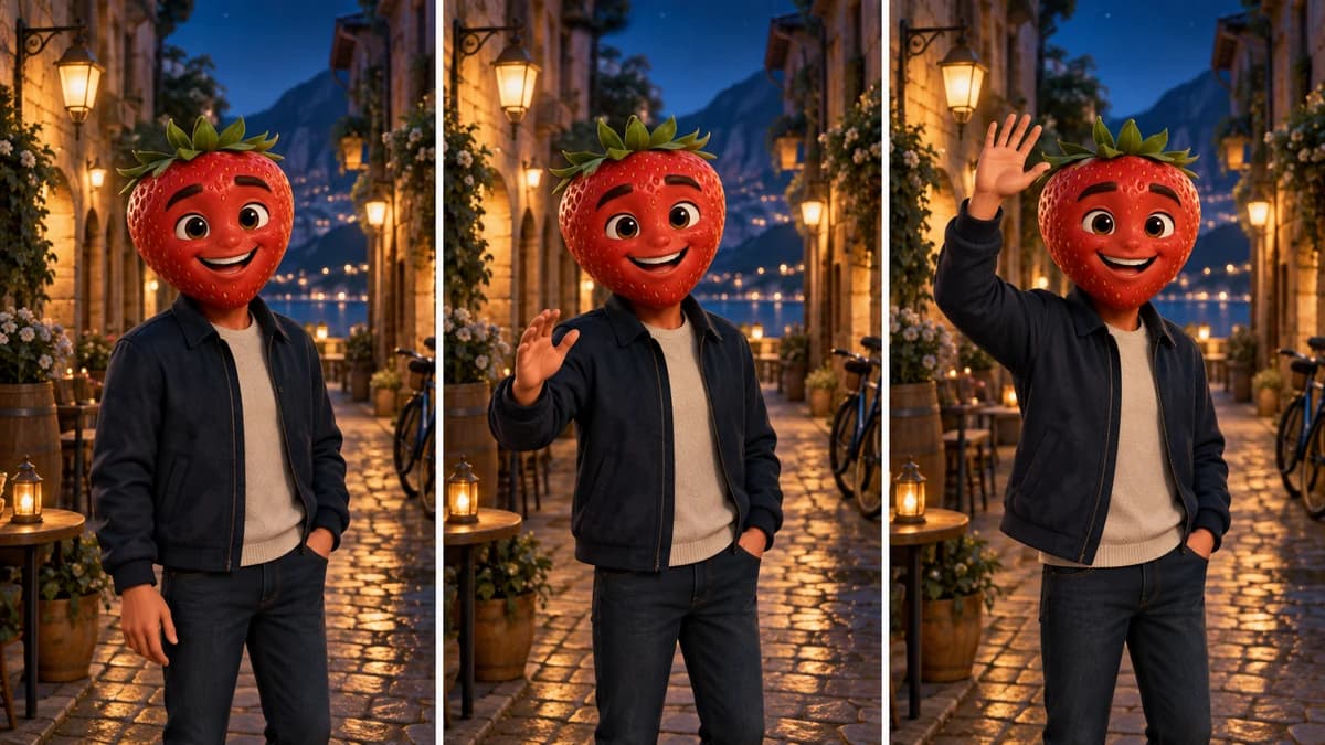 Trois images d’un même personnage à tête de fraise montrent la progression d’un mouvement.