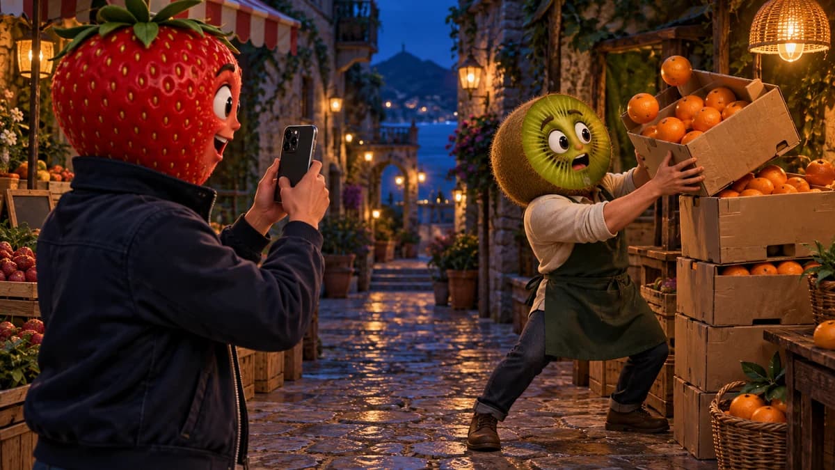 Un personnage à tête de fraise filme une action visible dans une rue de marché avec son téléphone.