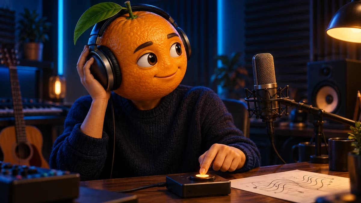 Un personnage à tête d’orange écoute une piste au casque dans un studio éclairé en bleu et ambre.