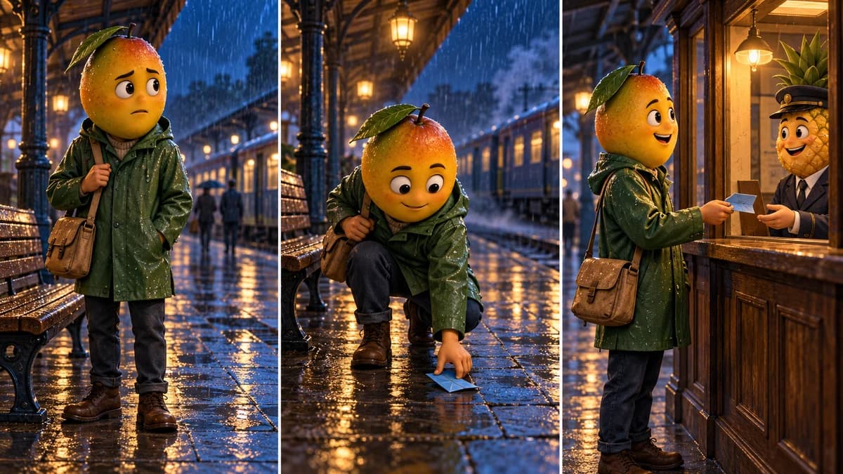 Trois scènes avec une mangue dans une gare illustrent l’attente, la récupération d’un billet et la résolution du récit.