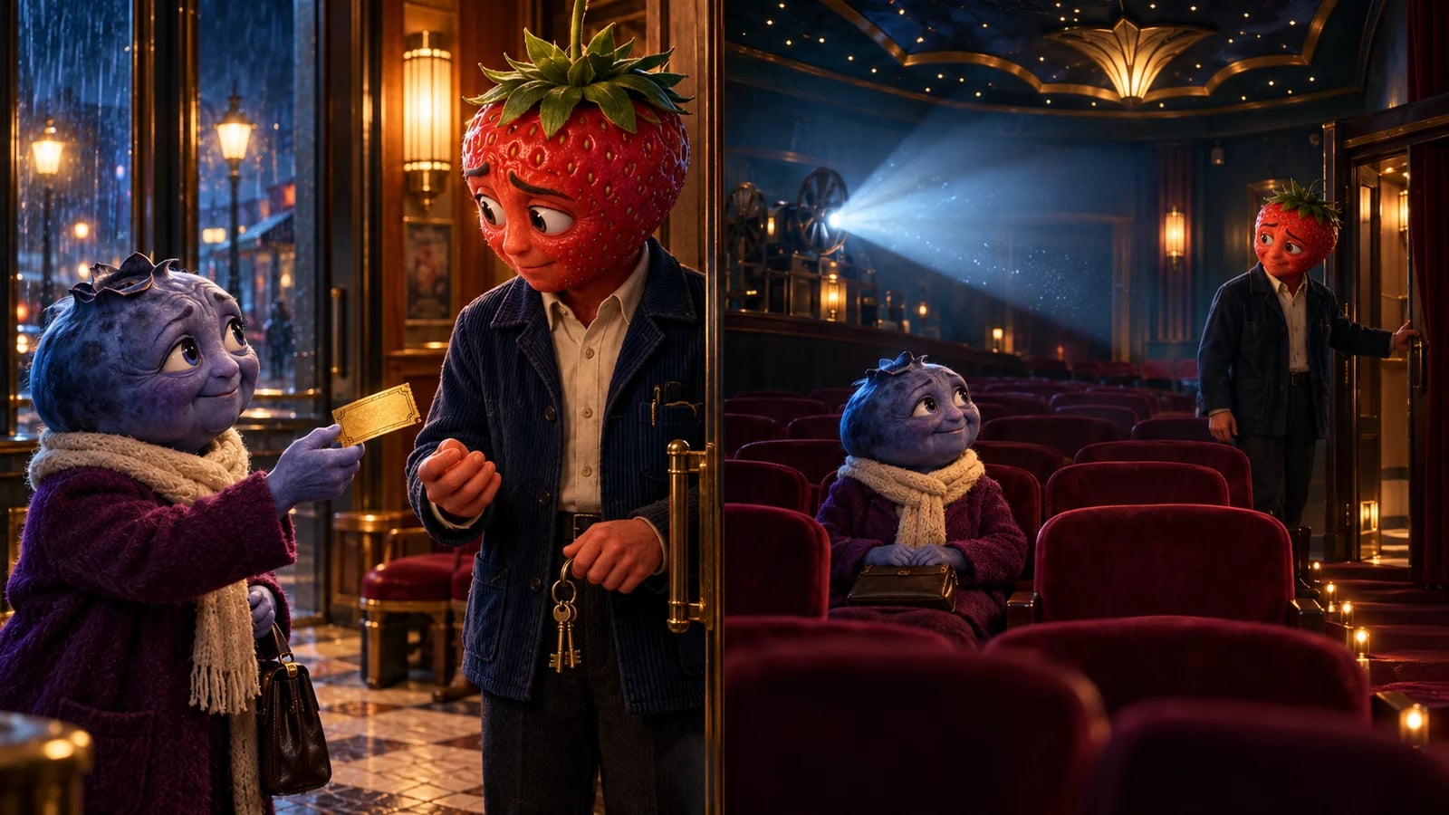 Ein Erdbeer-Vorführer öffnet sein Kino für eine ältere Dame mit Blaubeerkopf und einer alten Eintrittskarte.