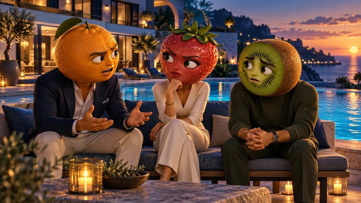 Figuren mit Orangen-, Erdbeer- und Kiwiköpfen unterhalten sich am Pool einer Villa.