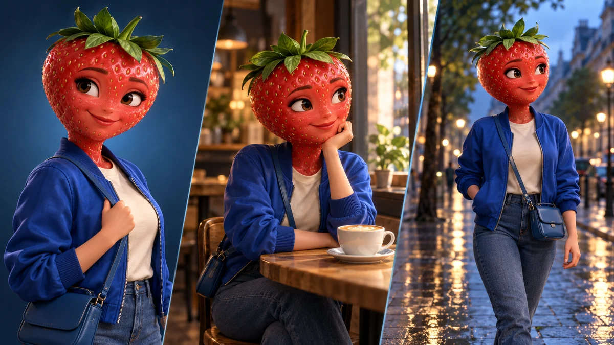 Trois vues d’un personnage féminin à tête de fraise, en veste bleue, avec un sac bleu.