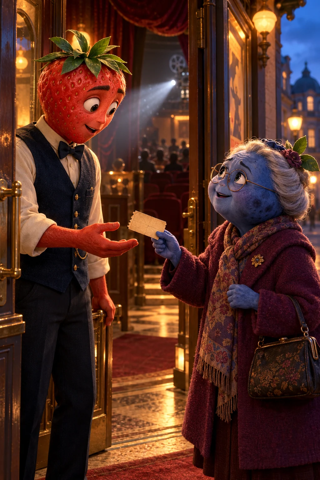 An elderly blueberry woman offers a worn ticket to a strawberry projectionist in an amber-lit cinema.