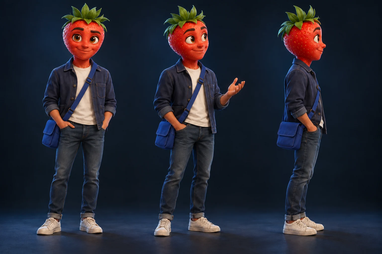 A strawberry character in a navy jacket and ivory T-shirt, shown from the front, three-quarter view and side.