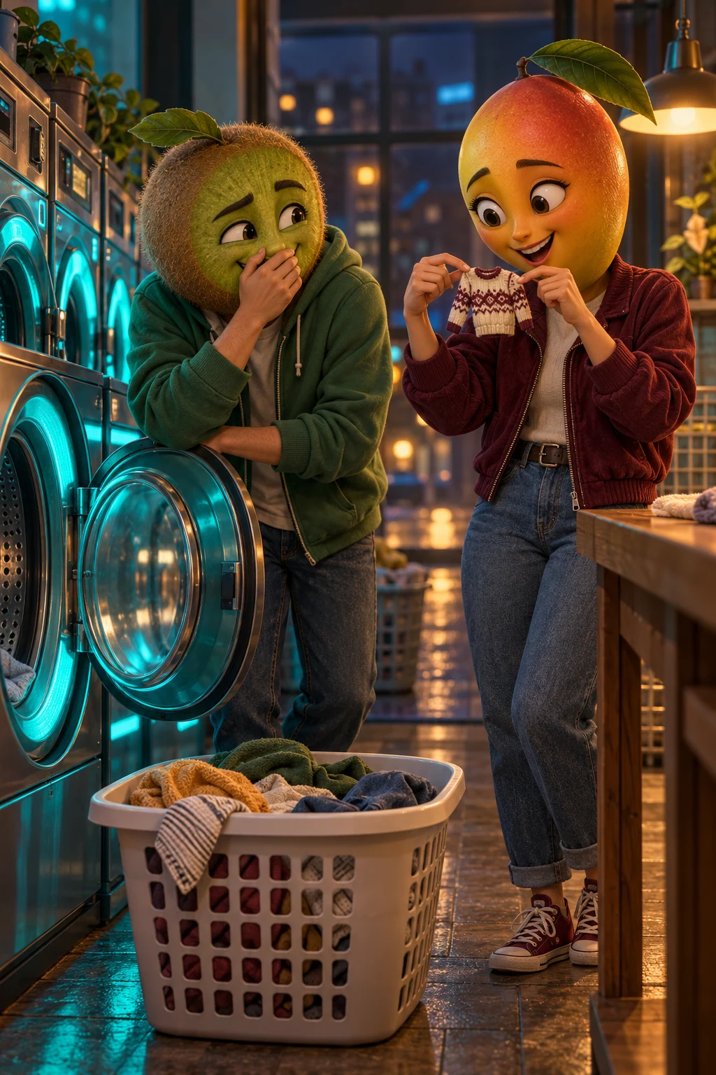 A mango holds a tiny jumper beside a kiwi friend in a turquoise laundrette.
