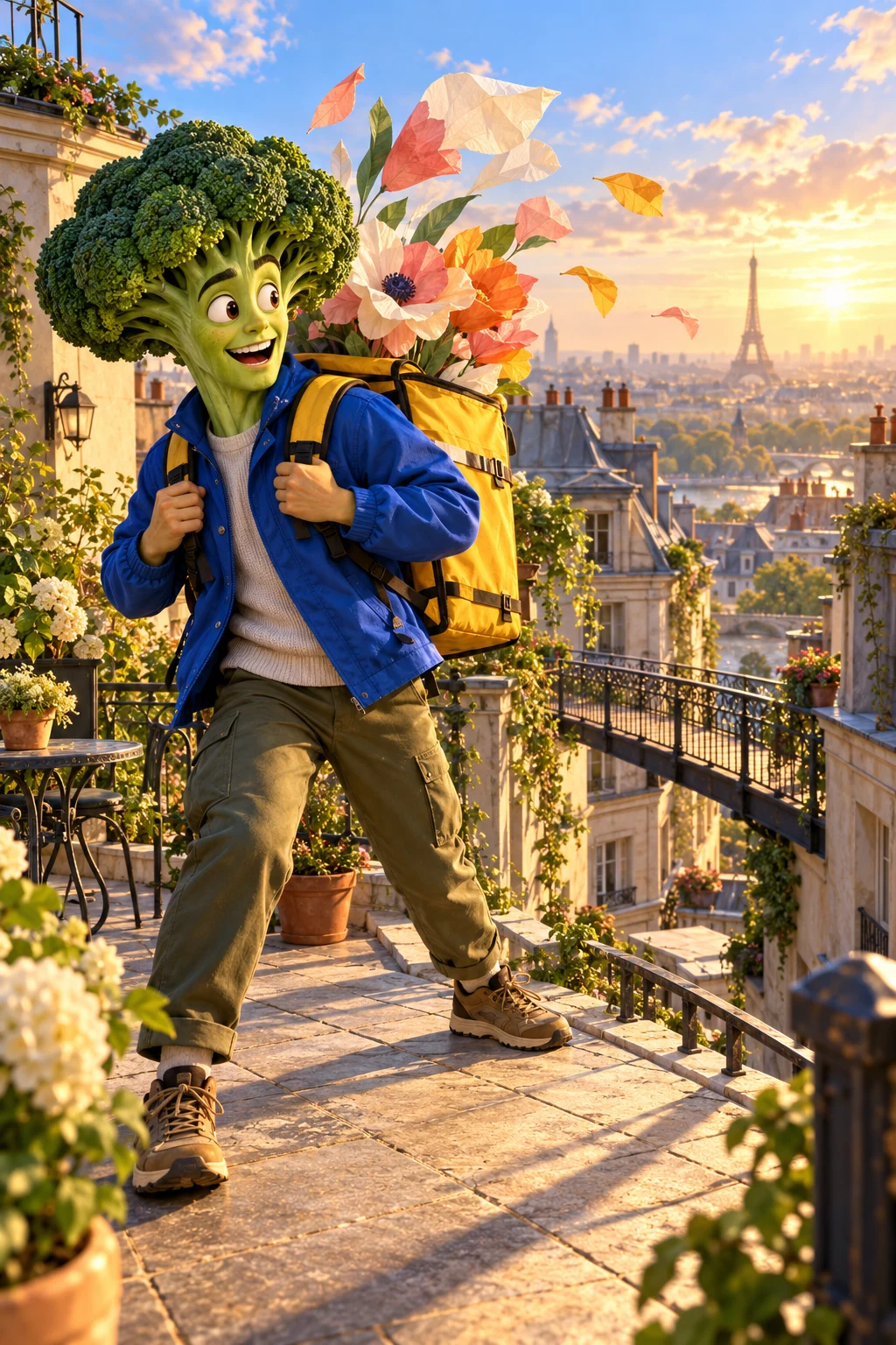 A broccoli courier in a blue jacket with a yellow backpack steadies paper flowers on a rooftop at sunrise.
